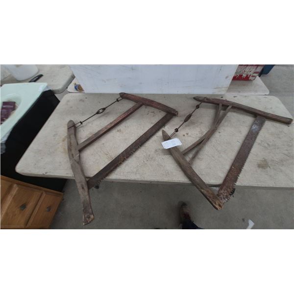 Pair of Antique Wooden Frame Bucksaws with Metal Tensioning Rods