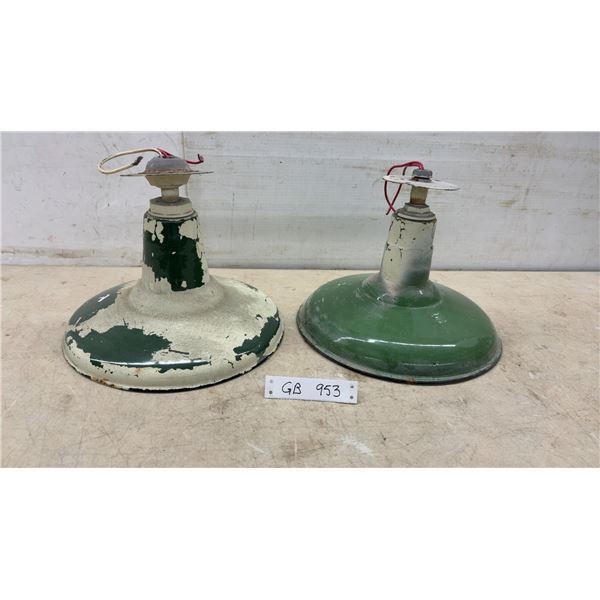 Pair of Vintage Industrial Green Enameled Steel Bell-Shaped Pendant Light Shades