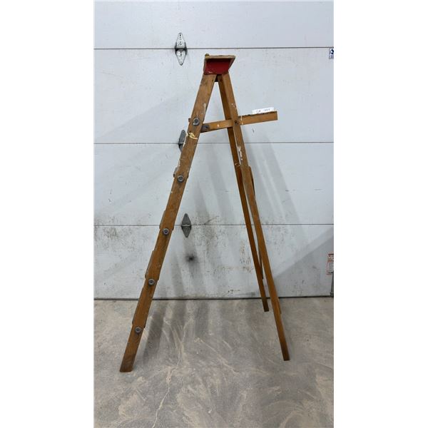 Vintage Wooden 6 Ft Stepladder with Folding Pail Shelf