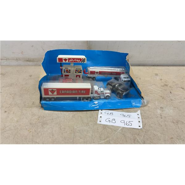 Canadian Tire Pit Stop Playset with Semi-Trucks, Tanker, Gas Station, Sports Car, Sealed in Plastic