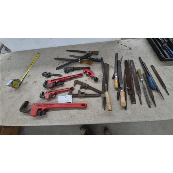 Assortment of Pipe Wrenches, Files, Tubing Cutter