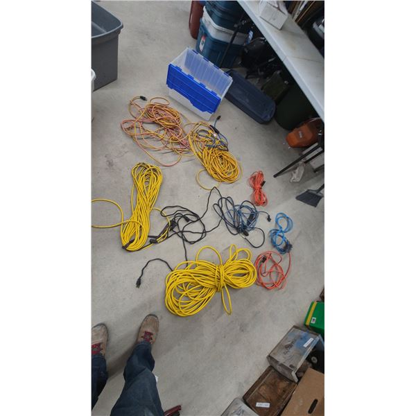 Assortment of Heavy-Duty Extension Cords in Yellow, Orange, Blue, Black, With Storage tub