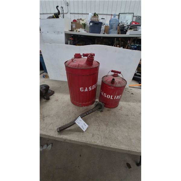 Two Vintage Red Metal Gasoline Cans With Flexible Metal Pour Spout