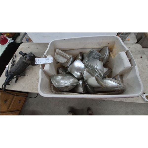 Bin of Assorted Automotive Sealed Beam Headlights, Rectangular and Round