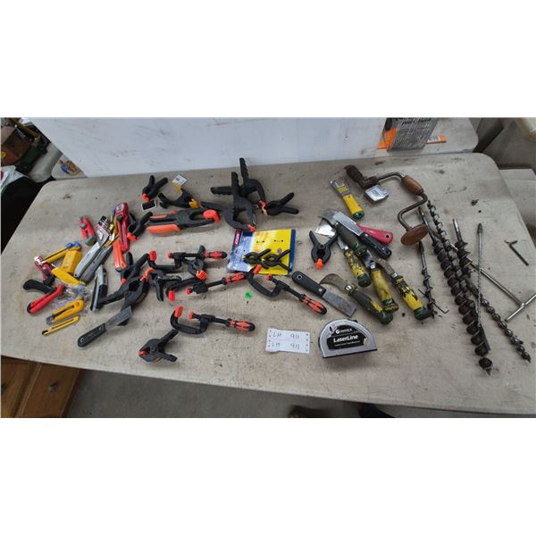 Assortment of Clamps, Utility Knives, Index LaserLine Laser Tape Measure, Auger Bits, Brace