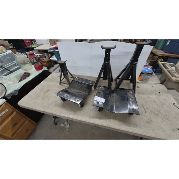 2 Motomaster Vehicle Positioning Wheel Dollies and 3 Metal Jack Stands