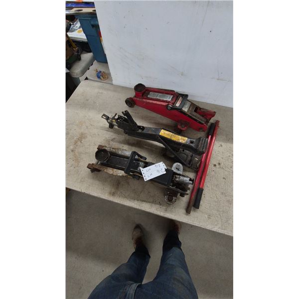 Lot of 3 Automotive Jacks Including Red Hydraulic Floor Jack, Black Scissor Jack