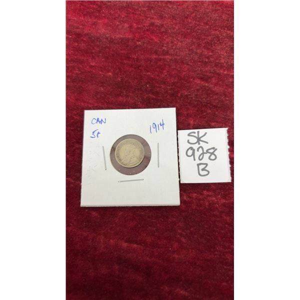 1914 Canada 5¢ Silver Coin, King George V, Canadian Sterling Silver Five Cent Piece