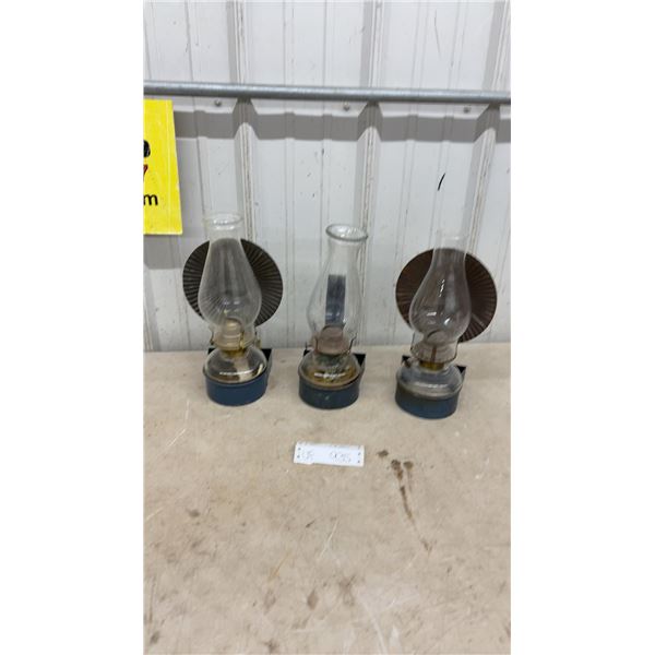 Three Wall-Mount Kerosene Lamps with Glass Chimneys and 2 with Metal Reflectors