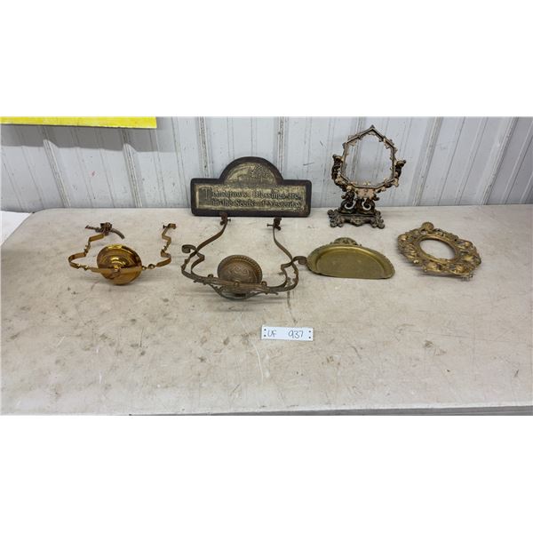 Antique Brass and Cast Metal Lot: Vanity Mirror Frame, Picture Frame, Wall Plaque