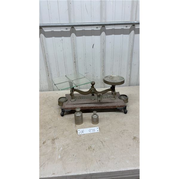 Antique Marble Base Balance Scale with Glass Pan, Weight