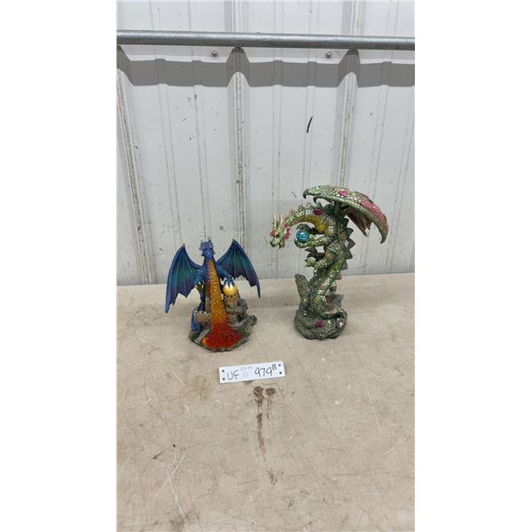 Two Ebros Gift Jeweled Emerald Dragon and Blue Fire Dragon on Castle Statues, Tallest 11”