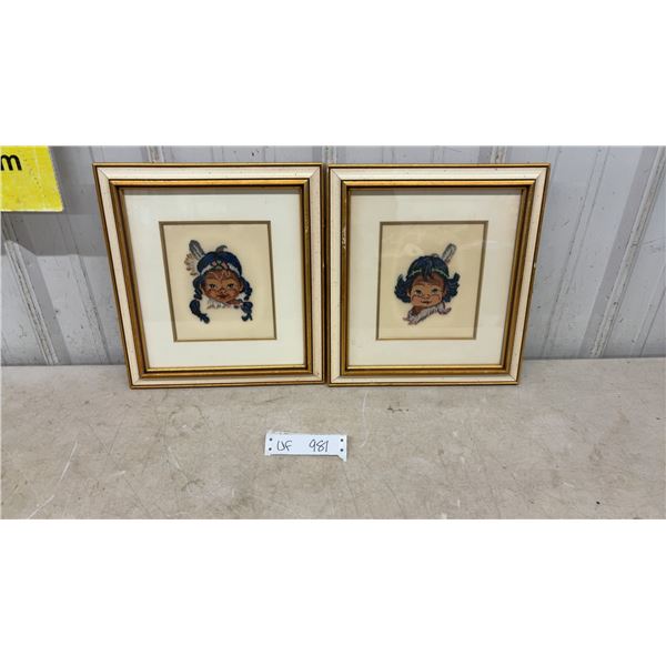 Two Framed Cross-Stitch Indigenous Children 13 × 12”