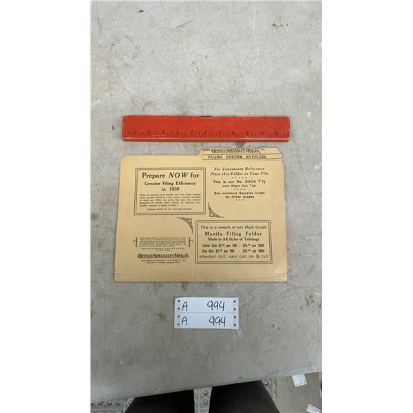 Office Specialty Mfg. Co. File Folder and De Leeuw Lumber and Fuel CO, LTD Wooden Ruler