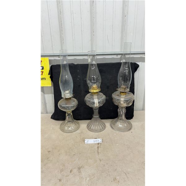 Antique Clear Pressed Glass Kerosene Oil Lamps with Burners and Chimneys, Set of 3