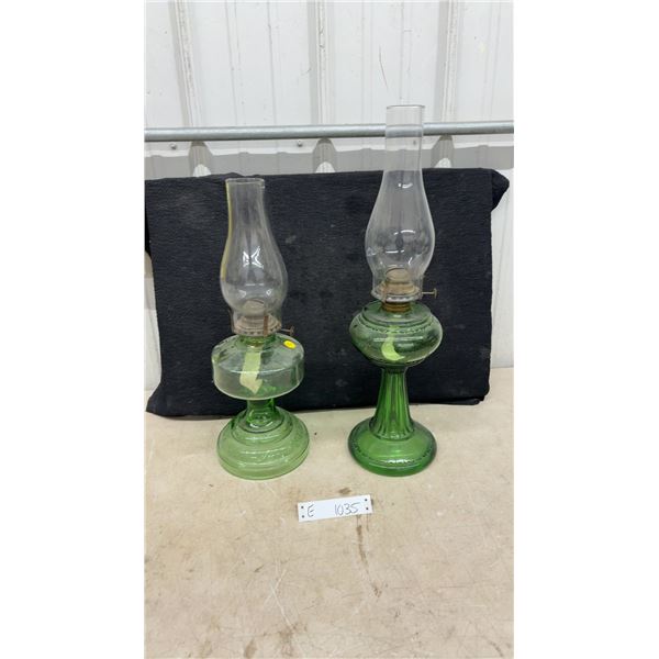 Pair of Vintage Green Depression Glass Kerosene Oil Lamps