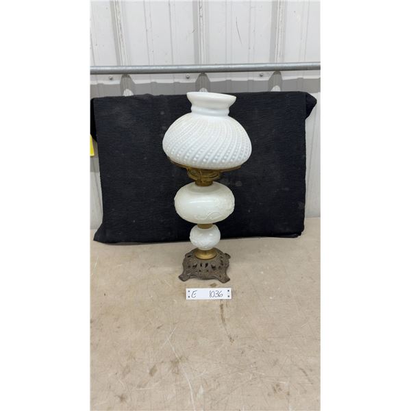 Victorian Aladdin White Milk Glass Table Lamp with Swirled Hobnail Shade and Ornate Brass Filigree