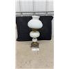 Image 1 : Victorian Aladdin White Milk Glass Table Lamp with Swirled Hobnail Shade and Ornate Brass Filigree