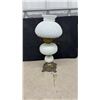 Image 2 : Victorian Aladdin White Milk Glass Table Lamp with Swirled Hobnail Shade and Ornate Brass Filigree