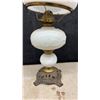 Image 3 : Victorian Aladdin White Milk Glass Table Lamp with Swirled Hobnail Shade and Ornate Brass Filigree