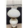 Image 4 : Victorian Aladdin White Milk Glass Table Lamp with Swirled Hobnail Shade and Ornate Brass Filigree