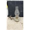 Image 2 : Pair of Antique Pressed Glass Oil Bracket Lamps with Ornate Cast Iron Wall Brackets