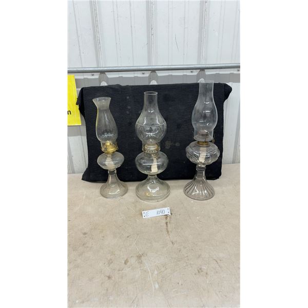 Three Vintage Clear Glass Kerosene Oil Lamps With Etched Floral Chimney and Fluted Bases