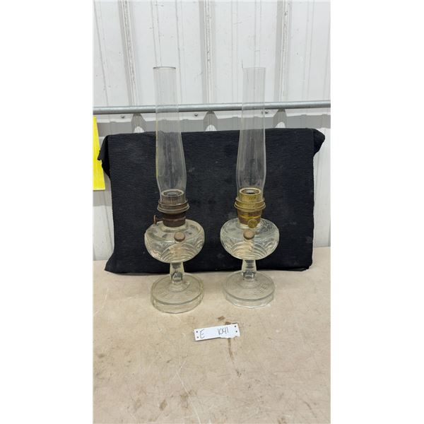 Pair of Aladdin Clear Glass Kerosene Mantle Lamps with Chimneys
