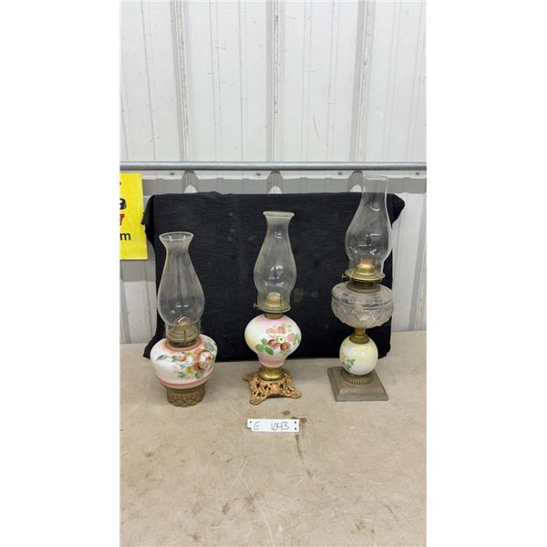 Set of Three Antique Victorian Kerosene Oil Lamps With Hand-Painted Floral Founts and Chimneys