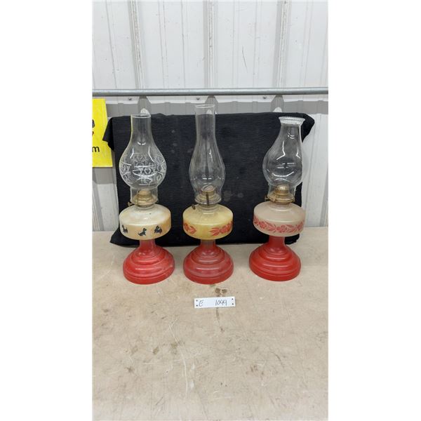 Three Vintage Decorative Oil Lamps With Red Bases, Floral and Scottie Dog Decals