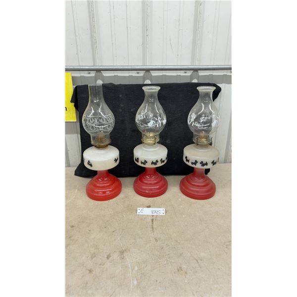 Vintage Scottie Dog Miniature Oil Lamps, Red Glass Base and Milk Glass Fount, Set of 3