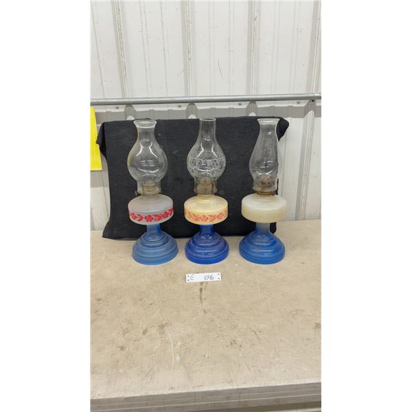 Vintage Glass Kerosene Oil Lamps with Blue Pedestal Bases and Clear Chimneys, Set of 3