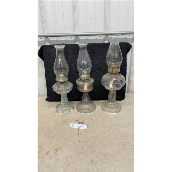 Three Antique Clear Pressed Glass Kerosene Oil Lamps with Chimneys