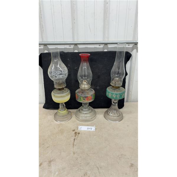 Three Vintage Pressed Glass Kerosene Oil Lamps with Etched, Red-Flashed, Green Fonts