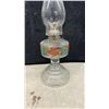 Image 3 : Three Vintage Pressed Glass Kerosene Oil Lamps with Etched, Red-Flashed, Green Fonts