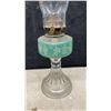 Image 7 : Three Vintage Pressed Glass Kerosene Oil Lamps with Etched, Red-Flashed, Green Fonts