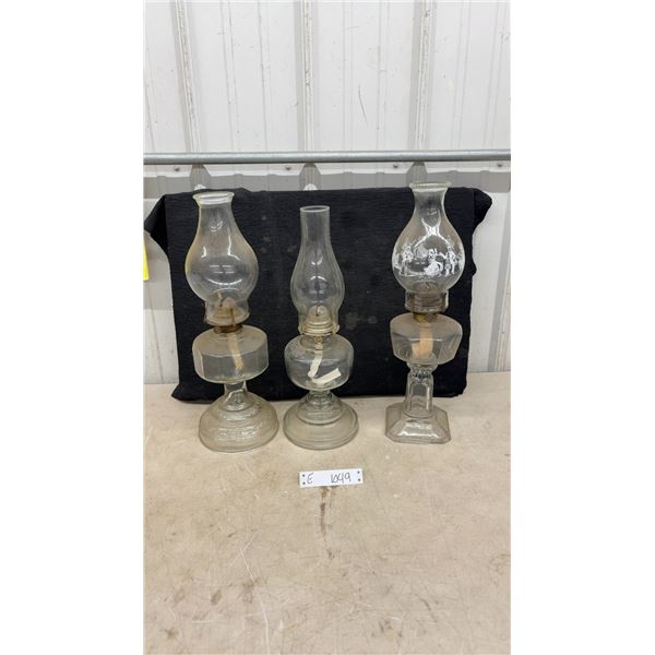 Three Vintage Clear Glass Kerosene Oil Lamps with Chimneys, One with Decorated Chimney