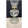 Image 3 : Three Vintage Clear Glass Kerosene Oil Lamps with Chimneys, One with Decorated Chimney