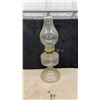 Image 4 : Three Vintage Clear Glass Kerosene Oil Lamps with Chimneys, One with Decorated Chimney
