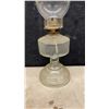 Image 5 : Three Vintage Clear Glass Kerosene Oil Lamps with Chimneys, One with Decorated Chimney
