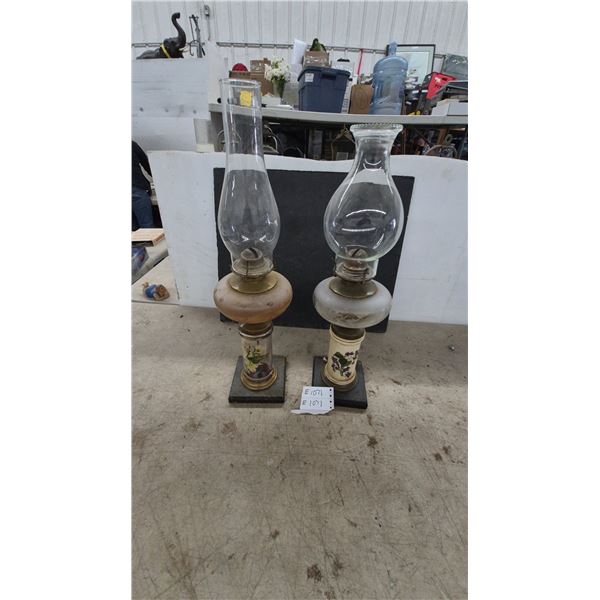 Pair of Antique Oil Lamps with Hand-Painted Floral Ceramic Pedestal Bases and Glass Chimneys