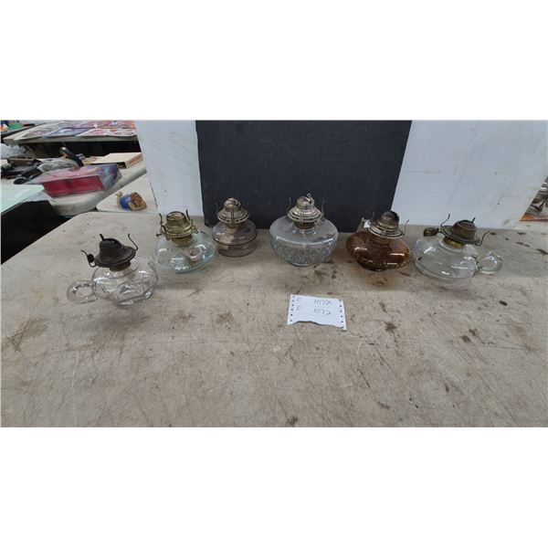 Lot of 6 Vintage Glass Kerosene Some Finger Lamps Incl, White Flame Burner, Clear and Amber Bodies