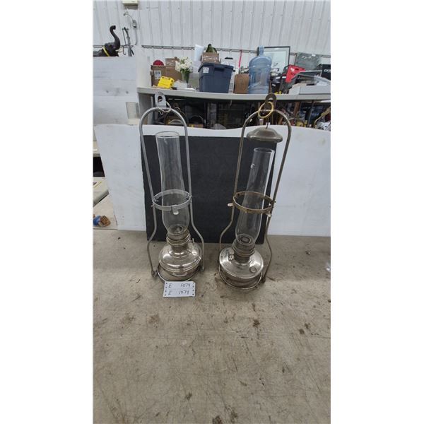 Pair of Vintage Hanging Aladdin Kerosene Lamps with Glass Chimneys and Metal Frames