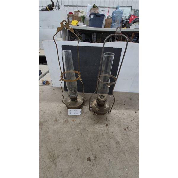 Pair of Antique Hanging Aladdin Kerosene Lanterns with Glass Chimneys and Metal Founts