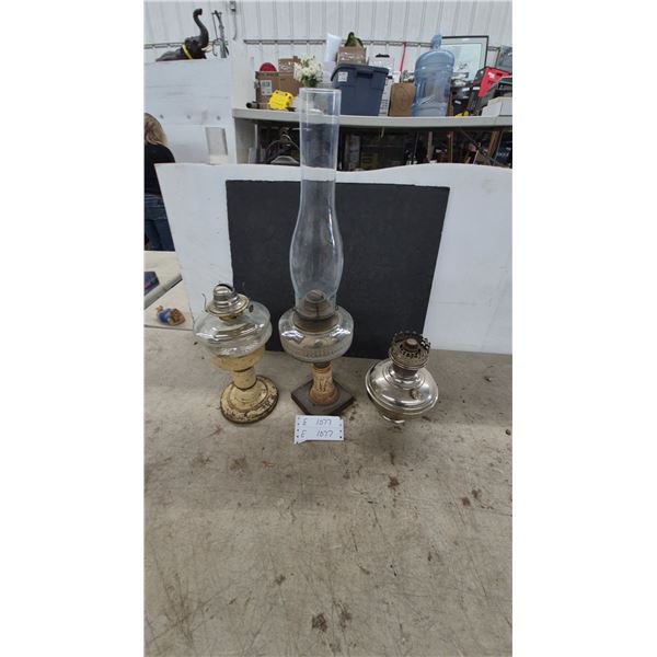 3 Antique Kerosene Lamps Including Bradley and Hubbard Rayo Nickel-Plated and Glass Font Lamps