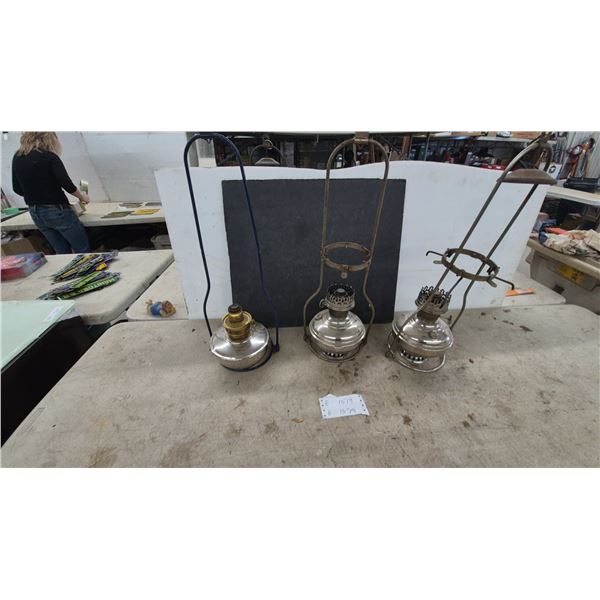 Lot of 3 Vintage Hanging Oil Lamps with Metal Founts, Burners, Frames