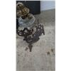 Image 3 : Antique Clear Glass Oil Lamp Fount With Brass Burner and Ornate Cast Iron Wall Sconce Bracket