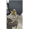 Image 4 : Antique Clear Glass Oil Lamp Fount With Brass Burner and Ornate Cast Iron Wall Sconce Bracket