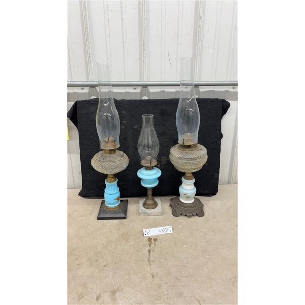 Three Victorian Kerosene Parlor Lamps With Pressed Glass Founts and Milk Glass Standards