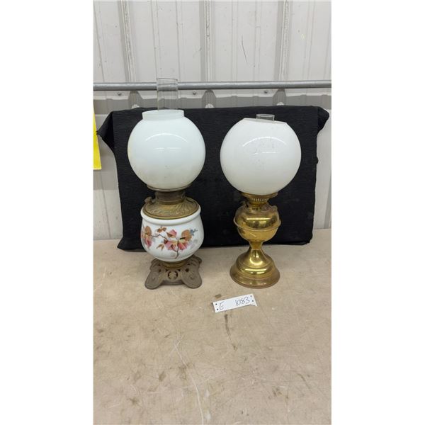 Pair of Vintage Oil Lamps with White Globe Shades, Brass and Floral Ceramic with Cast Iron Base